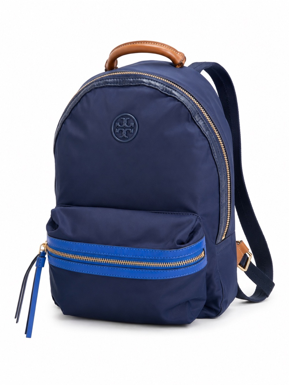 Tory Burch Perry Nylon Small Backpack Navy Blue Leather Trim Travel Bag Handbag